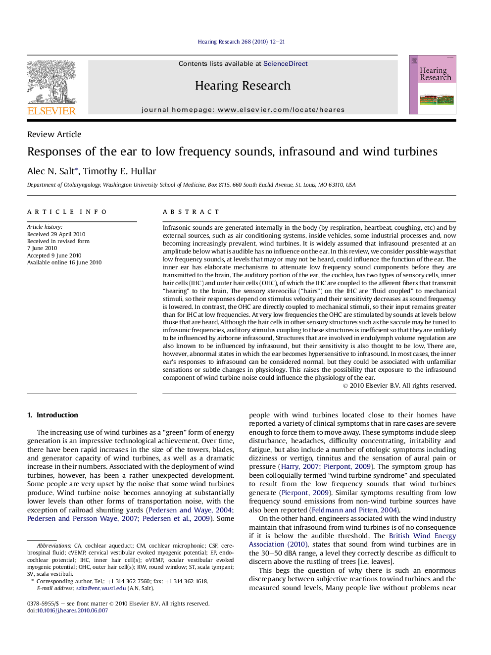 Responses of the ear to low frequency sounds, infrasound and wind turbines