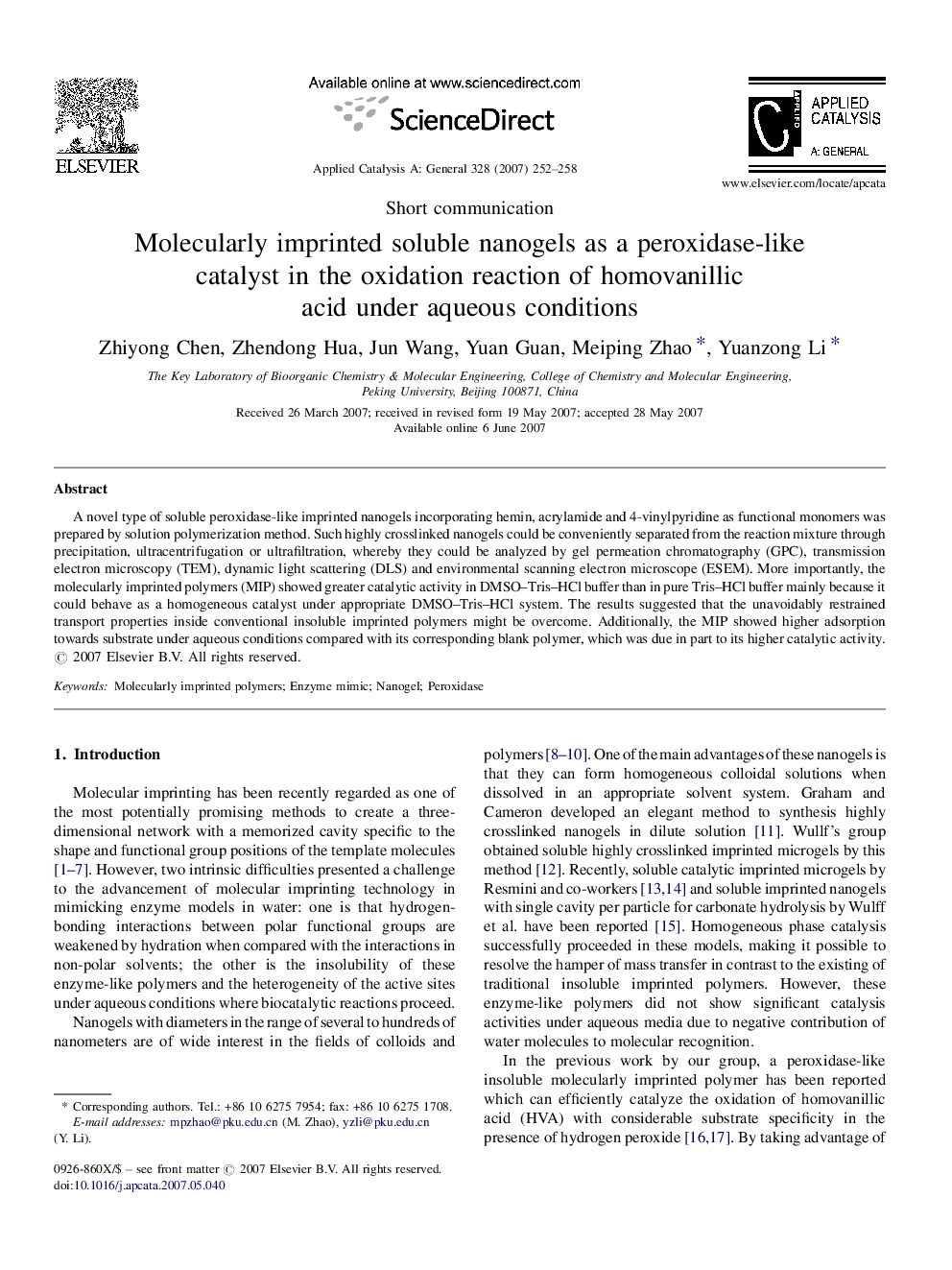 Molecularly imprinted soluble nanogels as a peroxidase-like catalyst in the oxidation reaction of homovanillic acid under aqueous conditions