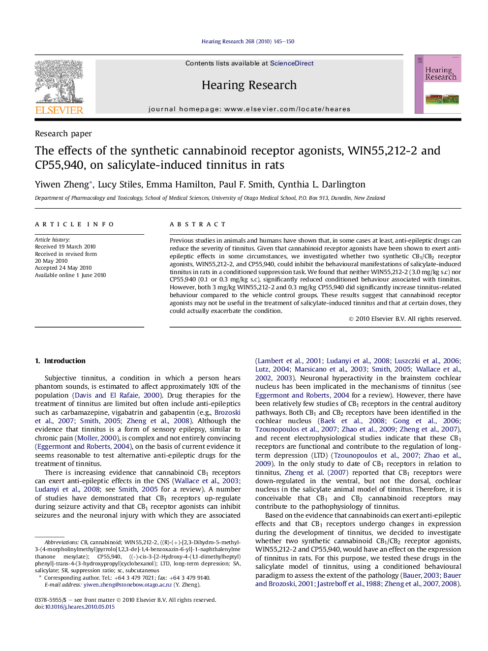 The effects of the synthetic cannabinoid receptor agonists, WIN55,212-2 and CP55,940, on salicylate-induced tinnitus in rats