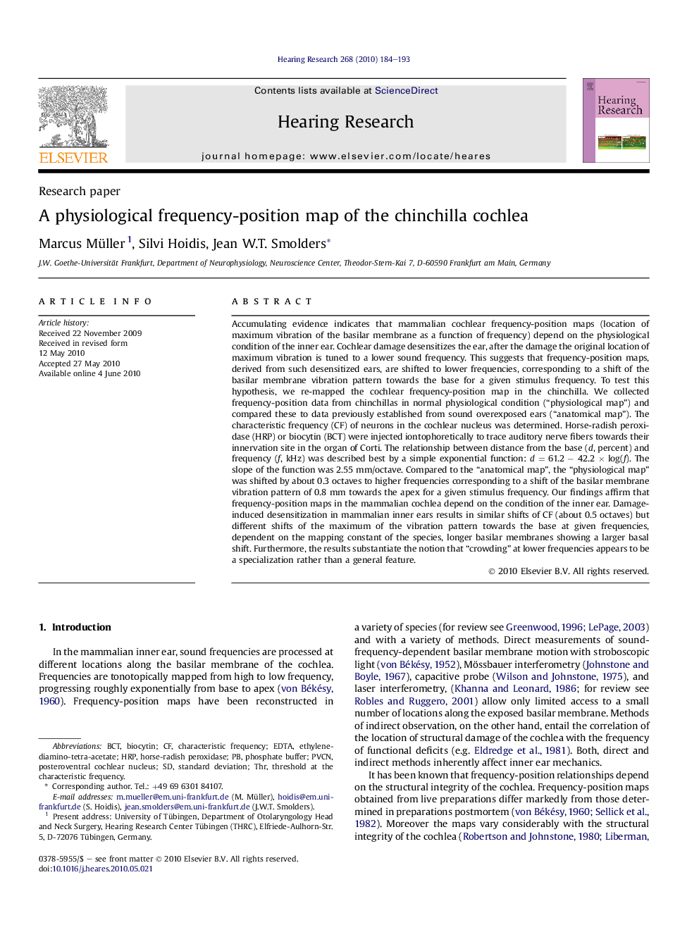 A physiological frequency-position map of the chinchilla cochlea