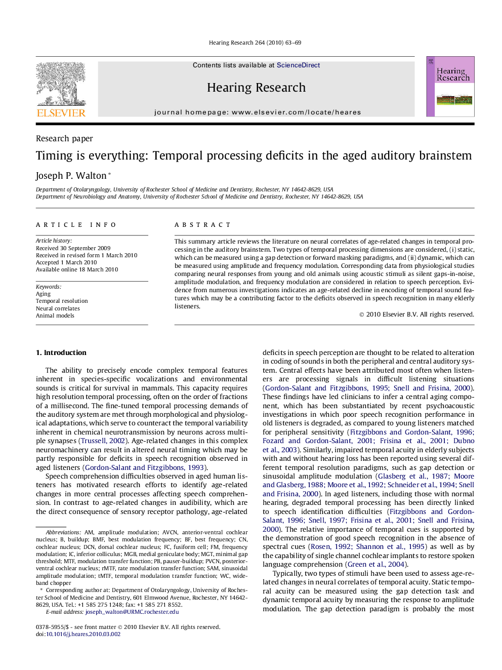 Timing is everything: Temporal processing deficits in the aged auditory brainstem