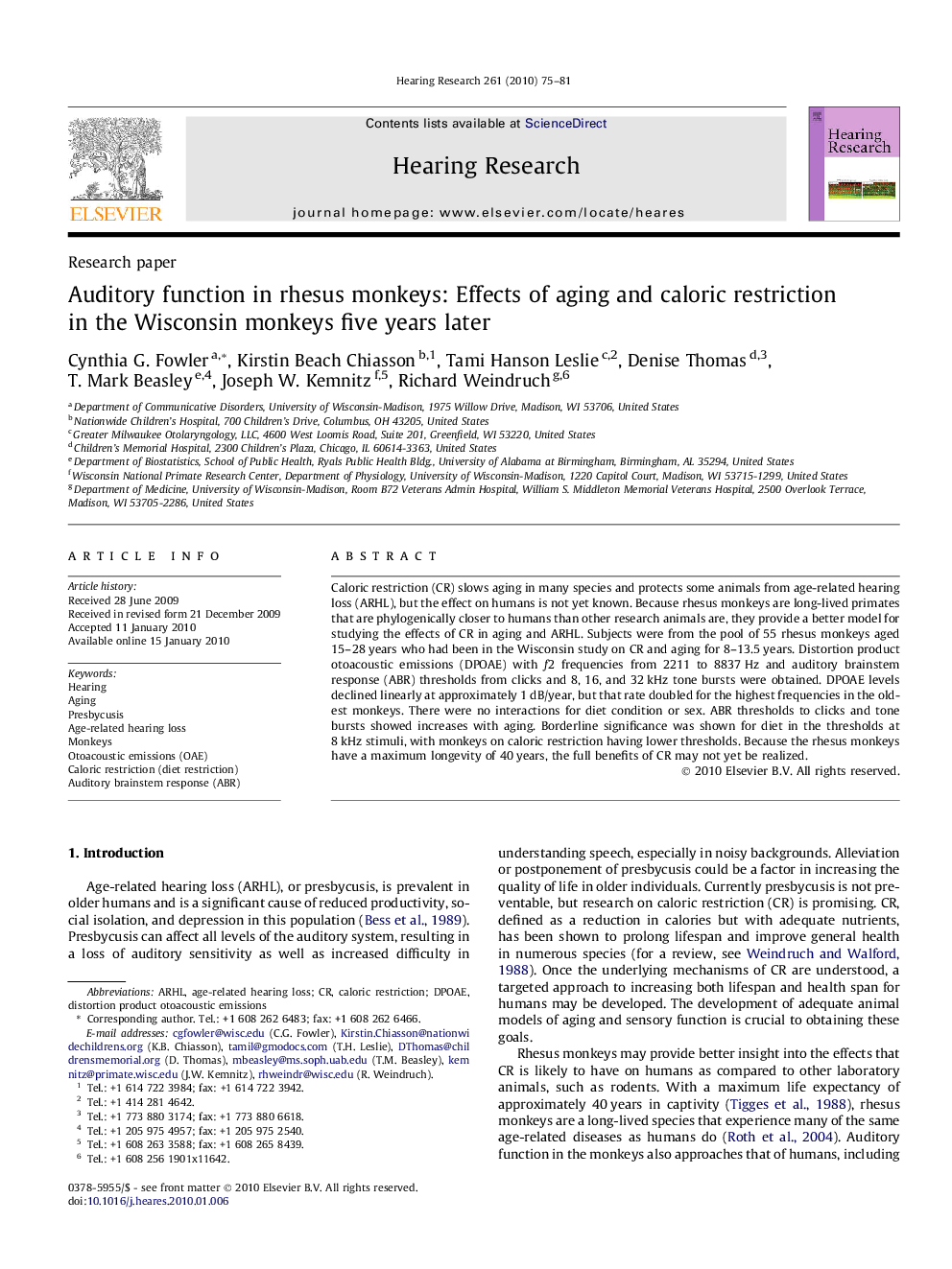 Auditory function in rhesus monkeys: Effects of aging and caloric restriction in the Wisconsin monkeys five years later