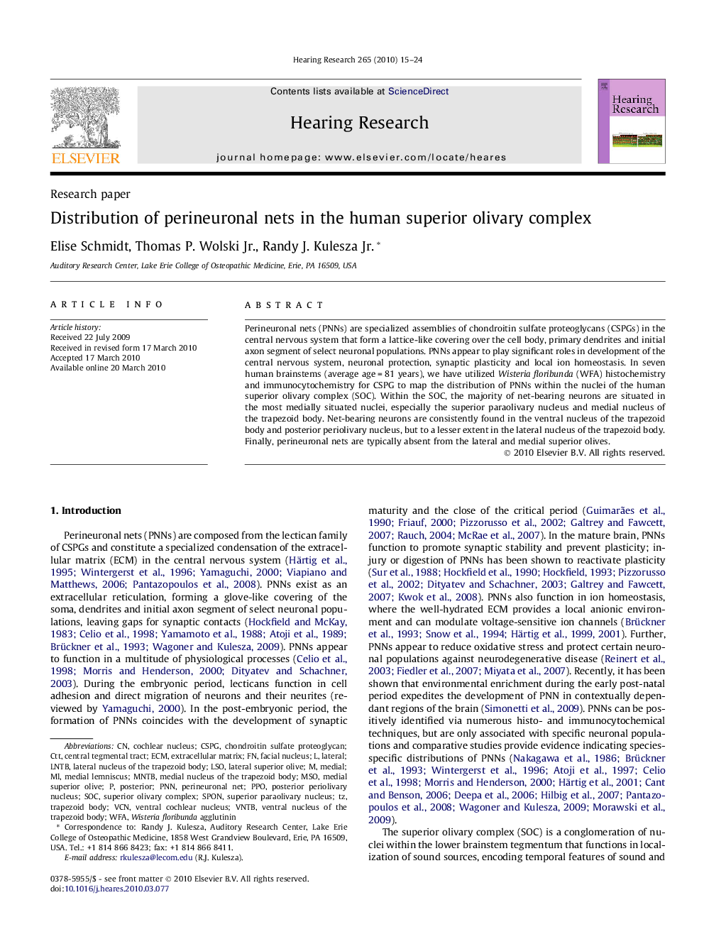 Distribution of perineuronal nets in the human superior olivary complex