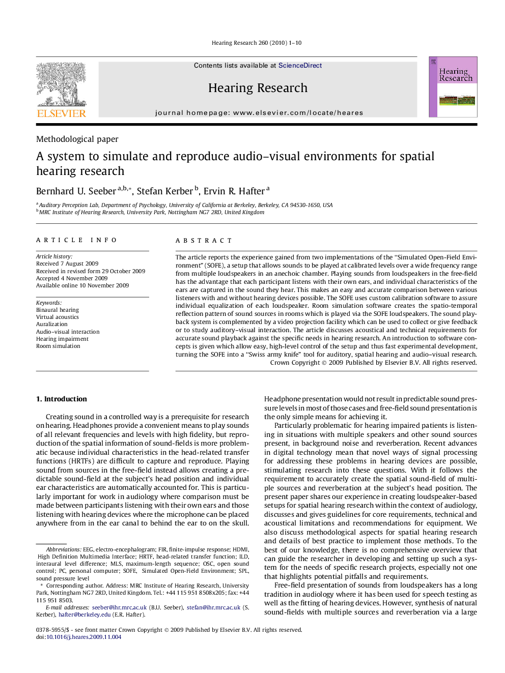 عکس صفحه اول مقاله: A system to simulate and reproduce audio-visual environments for spatial hearing research A system to simulate and reproduce audio-visual environments for spatial hearing research