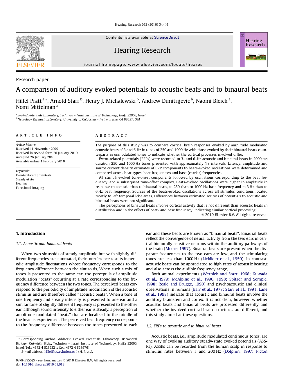 A comparison of auditory evoked potentials to acoustic beats and to binaural beats