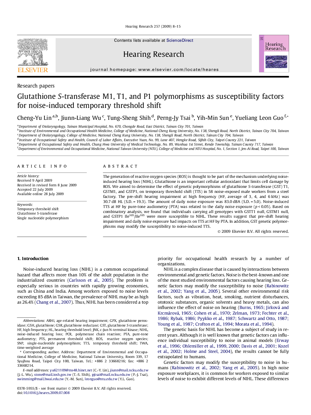 Glutathione S-transferase M1, T1, and P1 polymorphisms as susceptibility factors for noise-induced temporary threshold shift