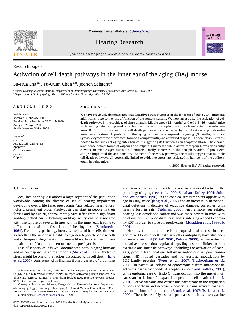 Activation of cell death pathways in the inner ear of the aging CBA/J mouse