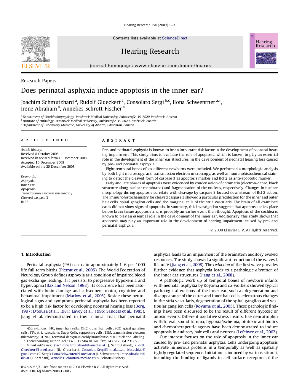 Does perinatal asphyxia induce apoptosis in the inner ear?