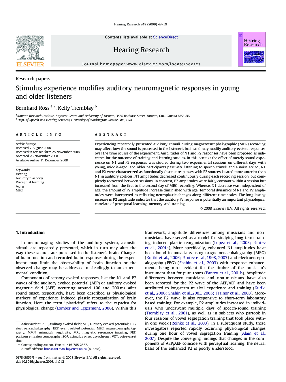 Stimulus experience modifies auditory neuromagnetic responses in young and older listeners