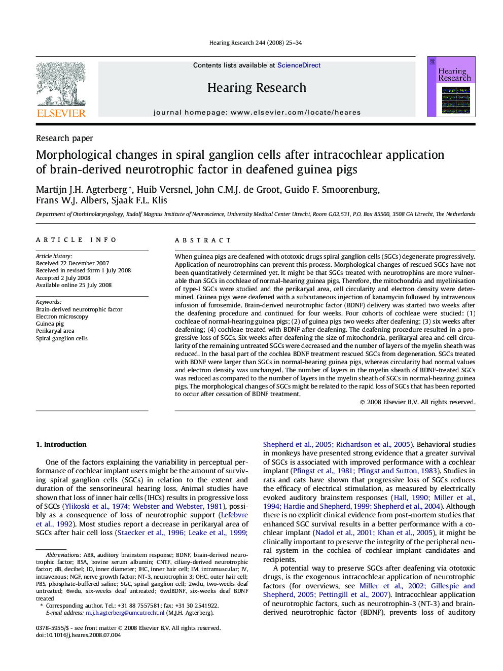 Morphological changes in spiral ganglion cells after intracochlear application of brain-derived neurotrophic factor in deafened guinea pigs