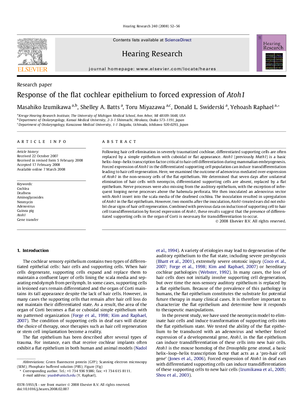 Response of the flat cochlear epithelium to forced expression of Atoh1