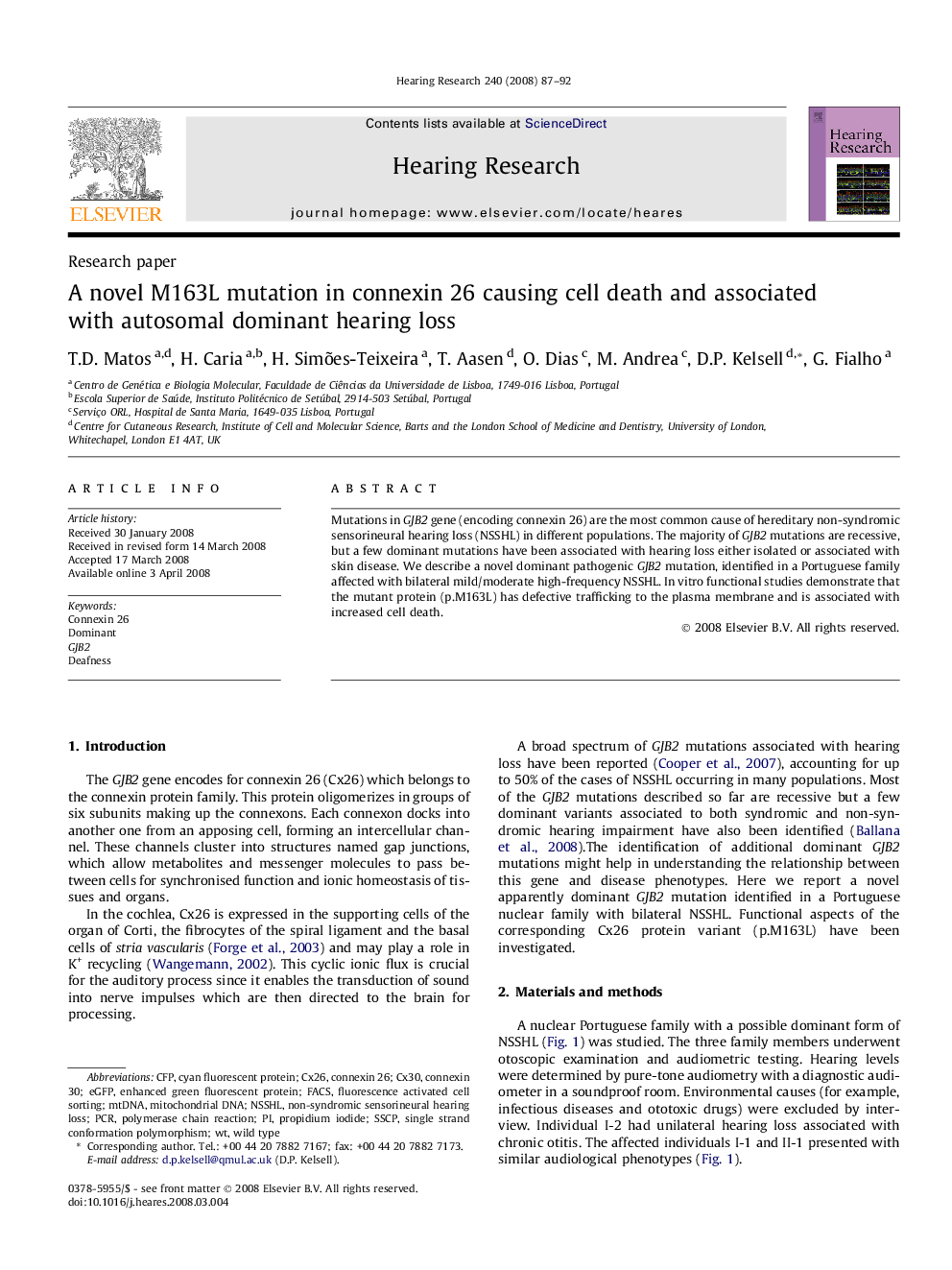 A novel M163L mutation in connexin 26 causing cell death and associated with autosomal dominant hearing loss