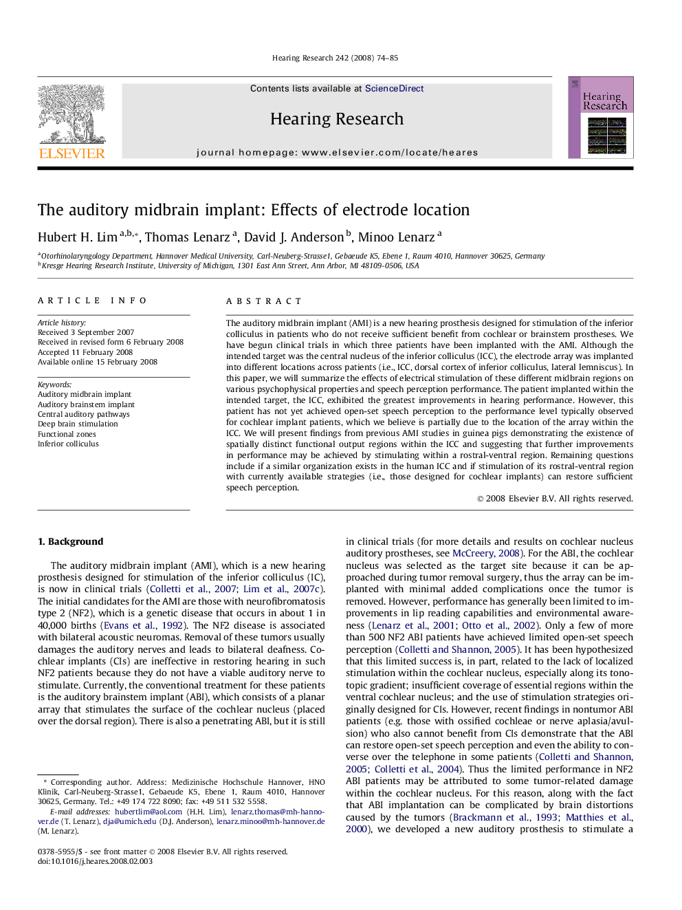 The auditory midbrain implant: Effects of electrode location