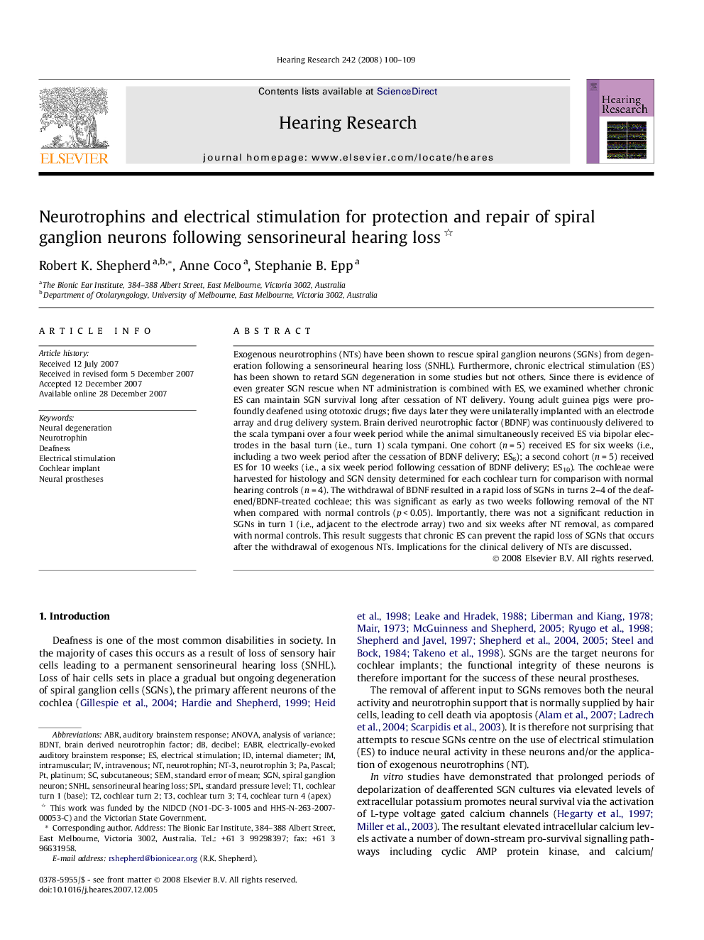 Neurotrophins and electrical stimulation for protection and repair of spiral ganglion neurons following sensorineural hearing loss