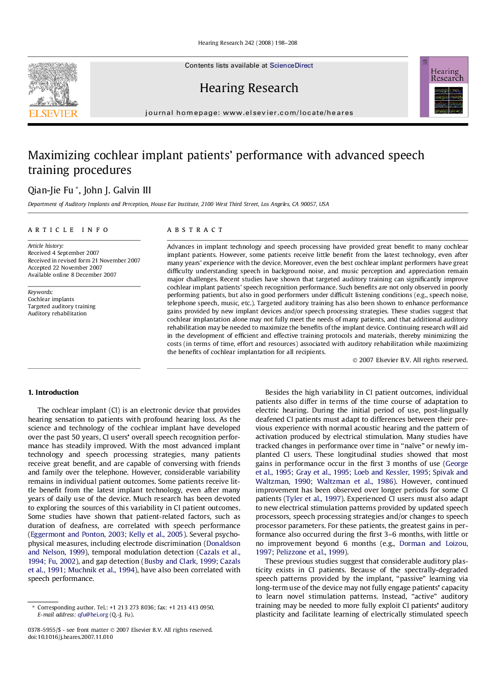 Maximizing cochlear implant patients’ performance with advanced speech training procedures