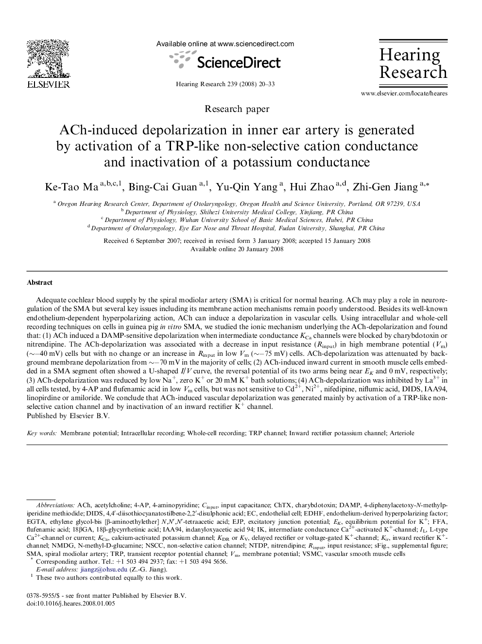 ACh-induced depolarization in inner ear artery is generated by activation of a TRP-like non-selective cation conductance and inactivation of a potassium conductance