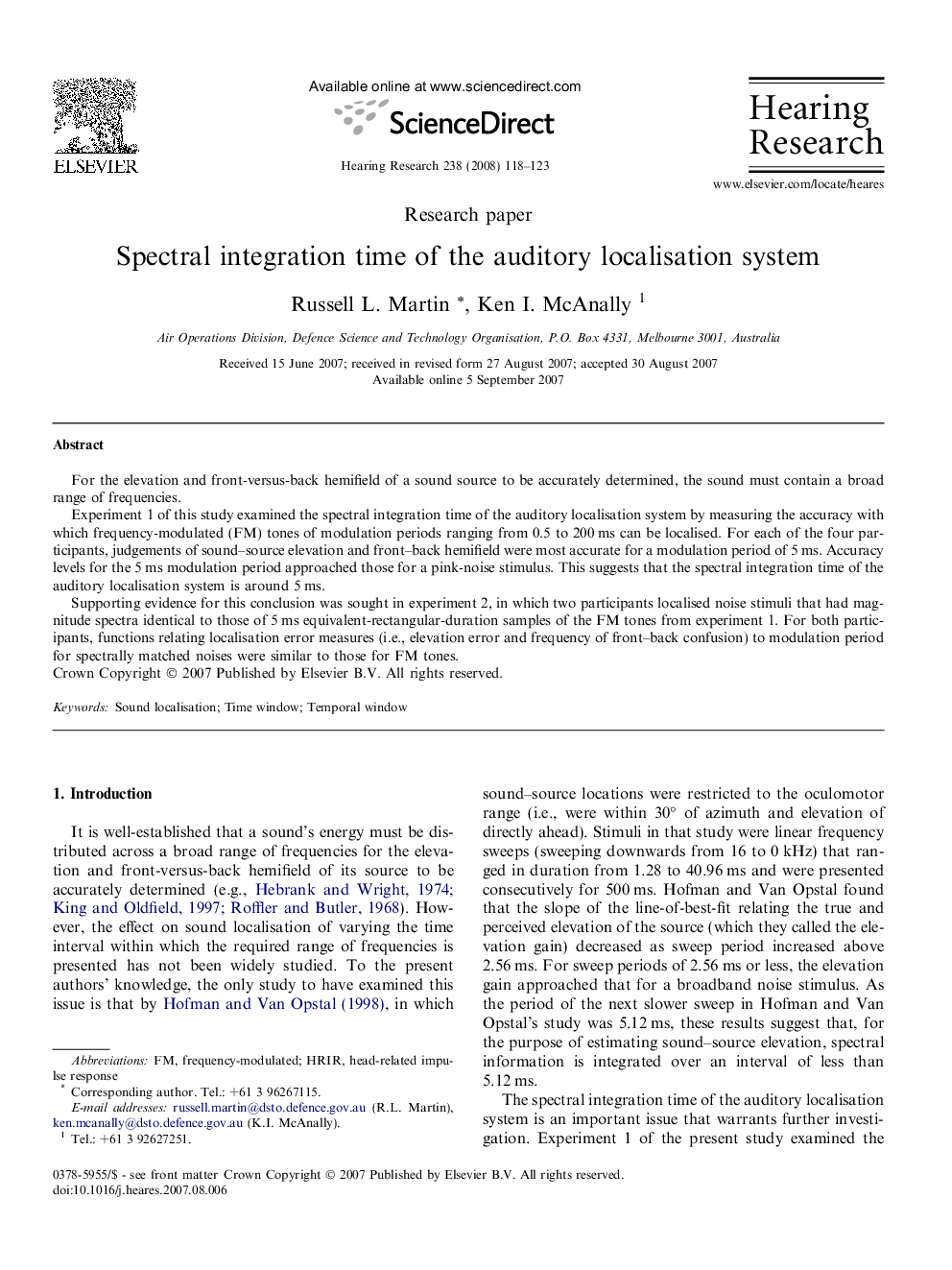 Spectral integration time of the auditory localisation system