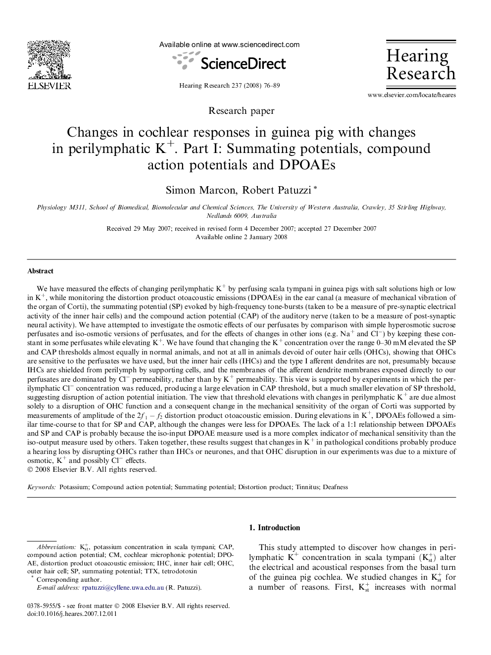 Changes in cochlear responses in guinea pig with changes in perilymphatic K+. Part I: Summating potentials, compound action potentials and DPOAEs