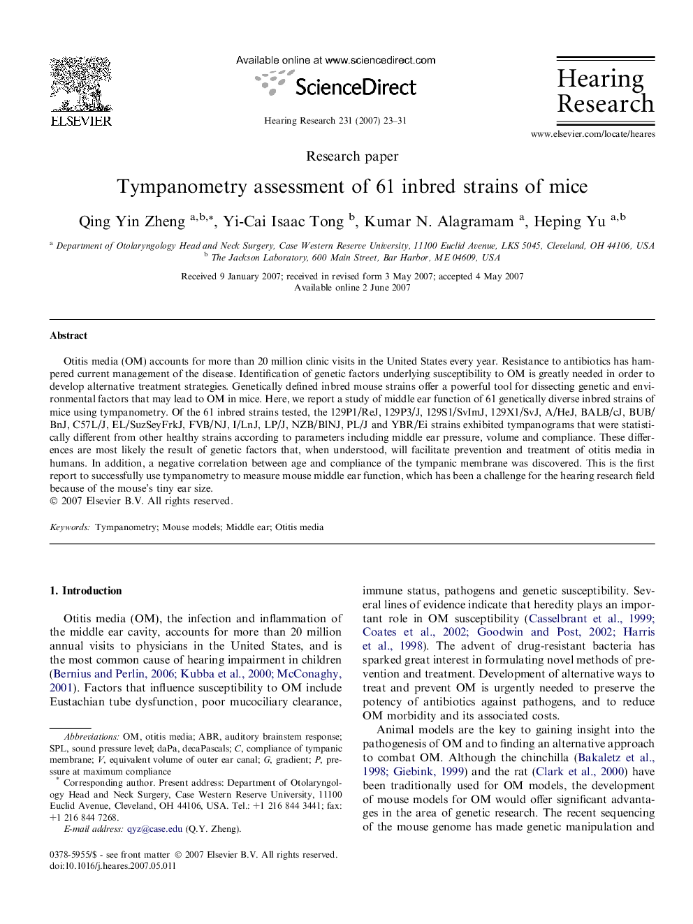 Tympanometry assessment of 61 inbred strains of mice