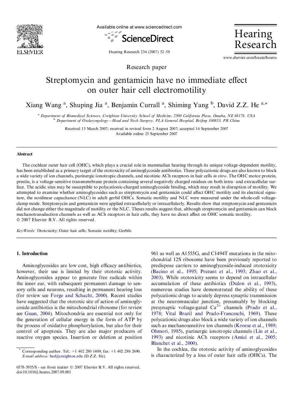 Streptomycin and gentamicin have no immediate effect on outer hair cell electromotility