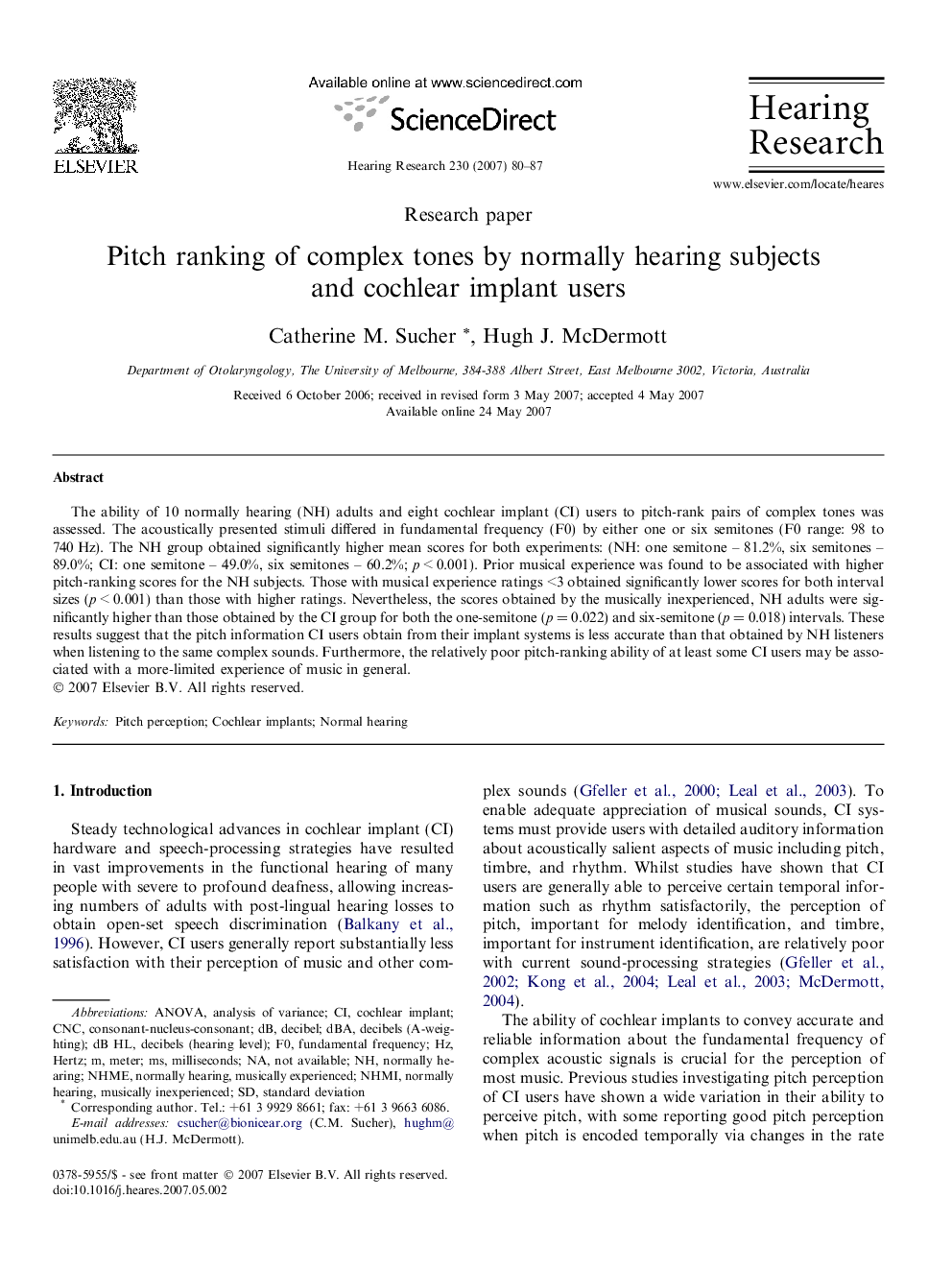 Pitch ranking of complex tones by normally hearing subjects and cochlear implant users