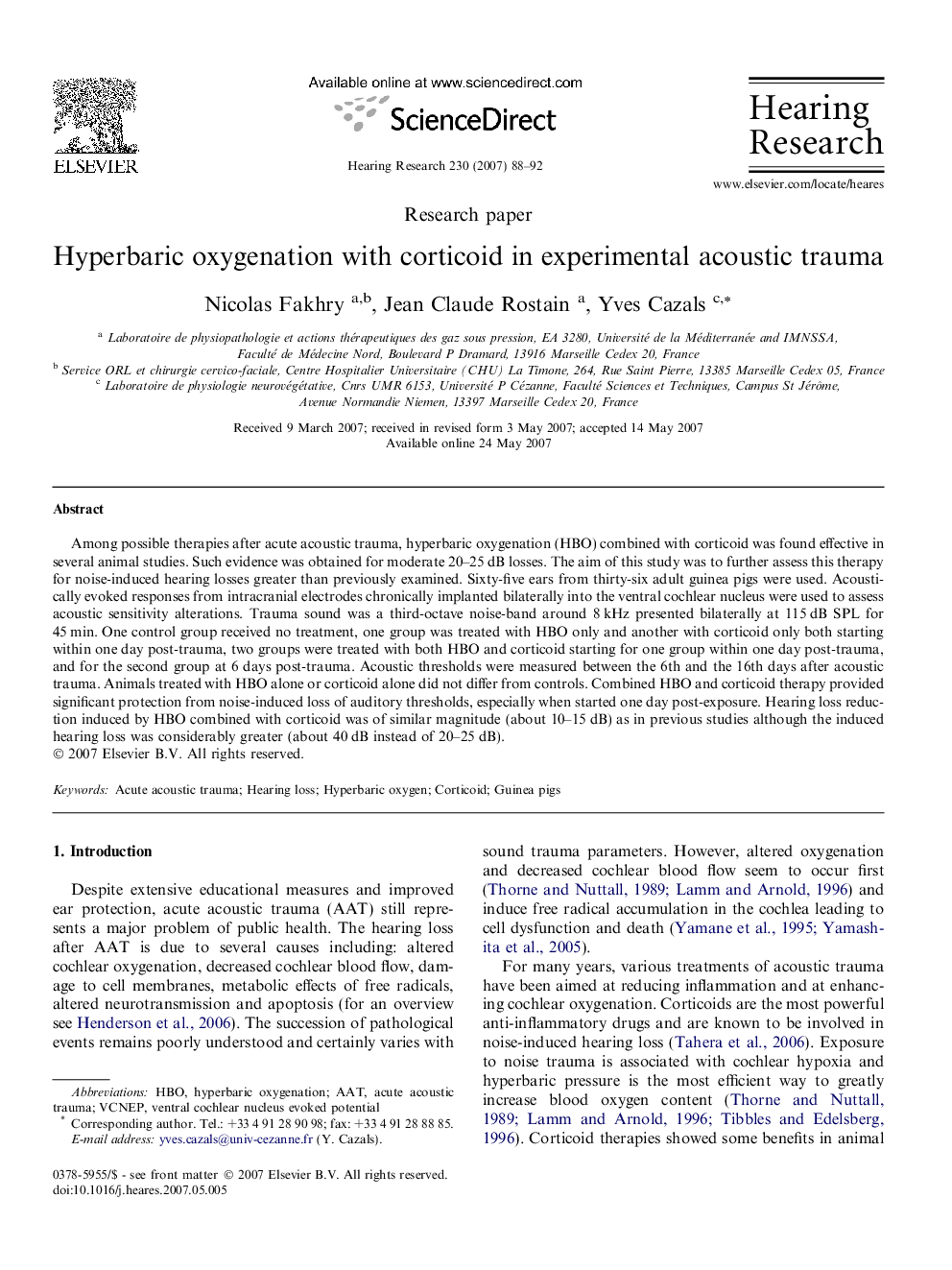 Hyperbaric oxygenation with corticoid in experimental acoustic trauma