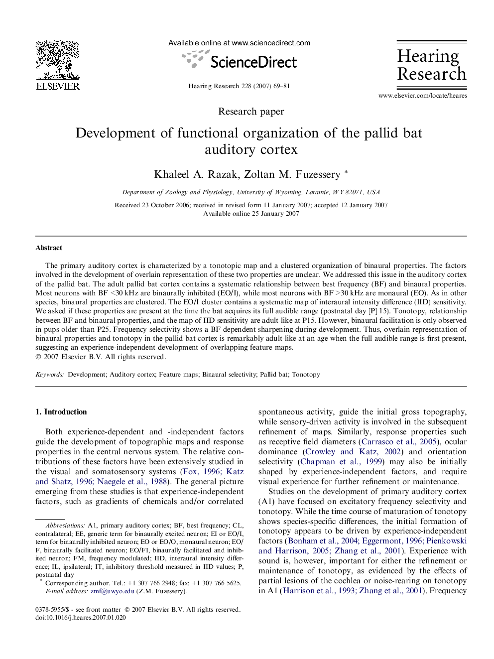 Development of functional organization of the pallid bat auditory cortex