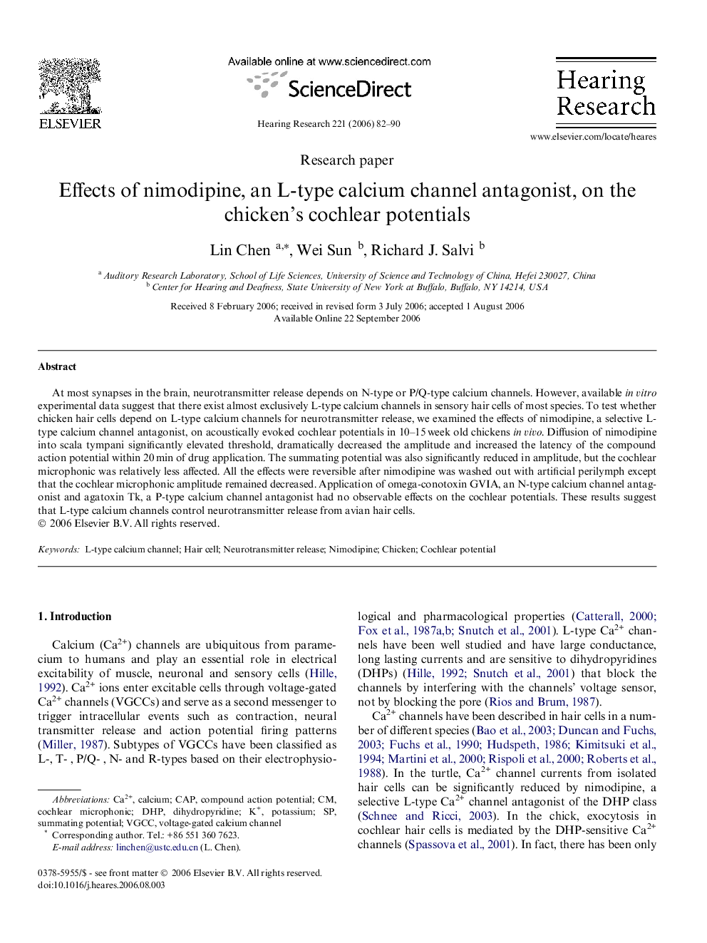 Effects of nimodipine, an L-type calcium channel antagonist, on the chicken’s cochlear potentials