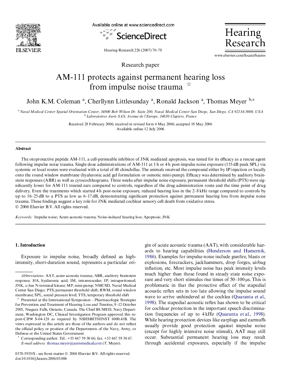 AM-111 protects against permanent hearing loss from impulse noise trauma 