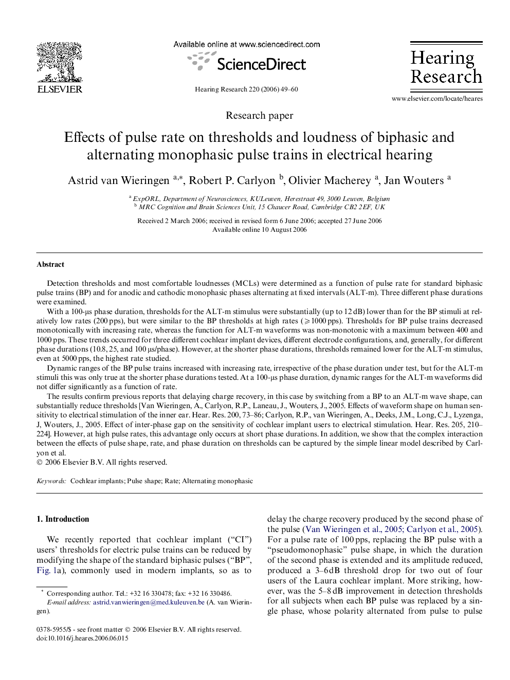 Effects of pulse rate on thresholds and loudness of biphasic and alternating monophasic pulse trains in electrical hearing