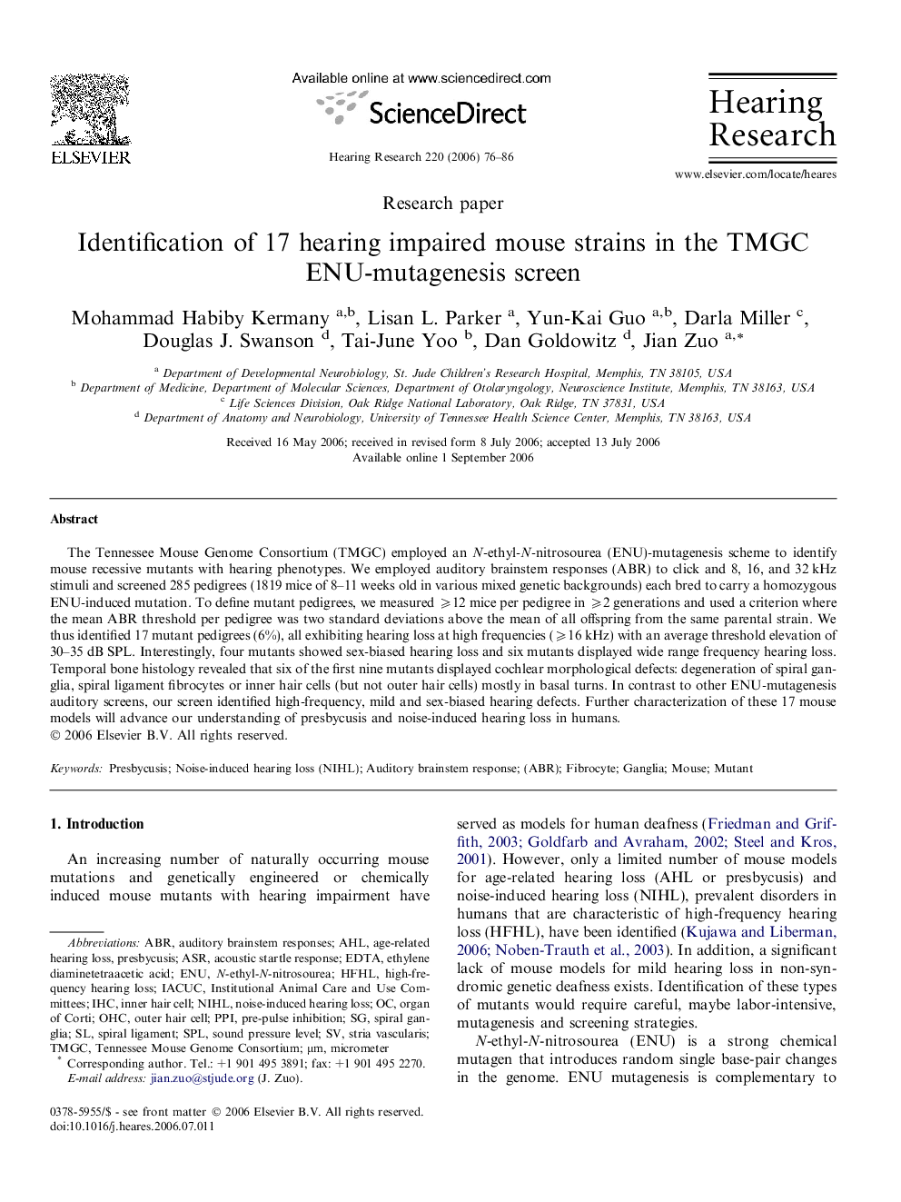 Identification of 17 hearing impaired mouse strains in the TMGC ENU-mutagenesis screen