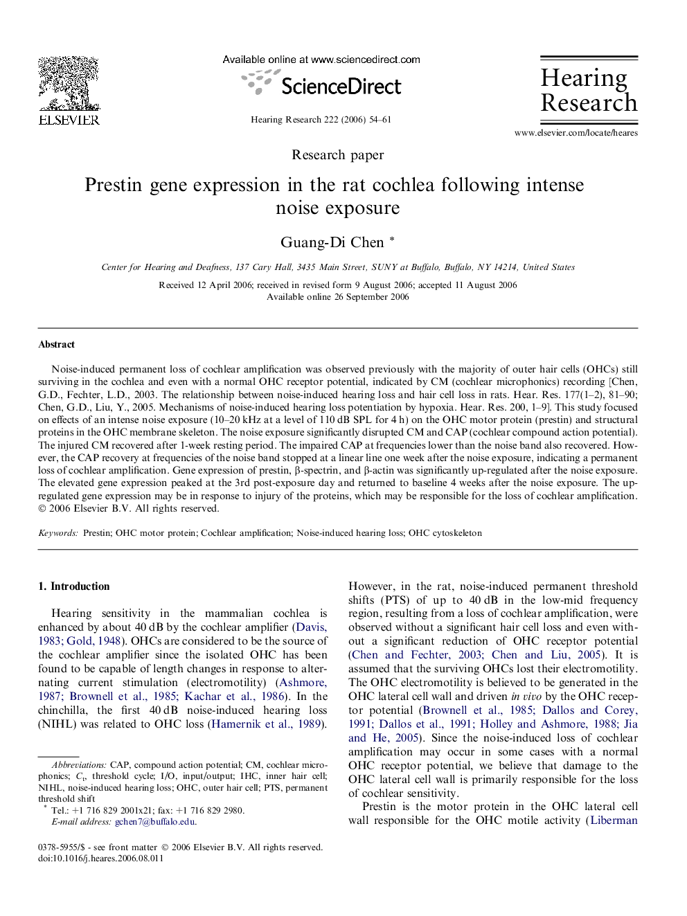 Prestin gene expression in the rat cochlea following intense noise exposure