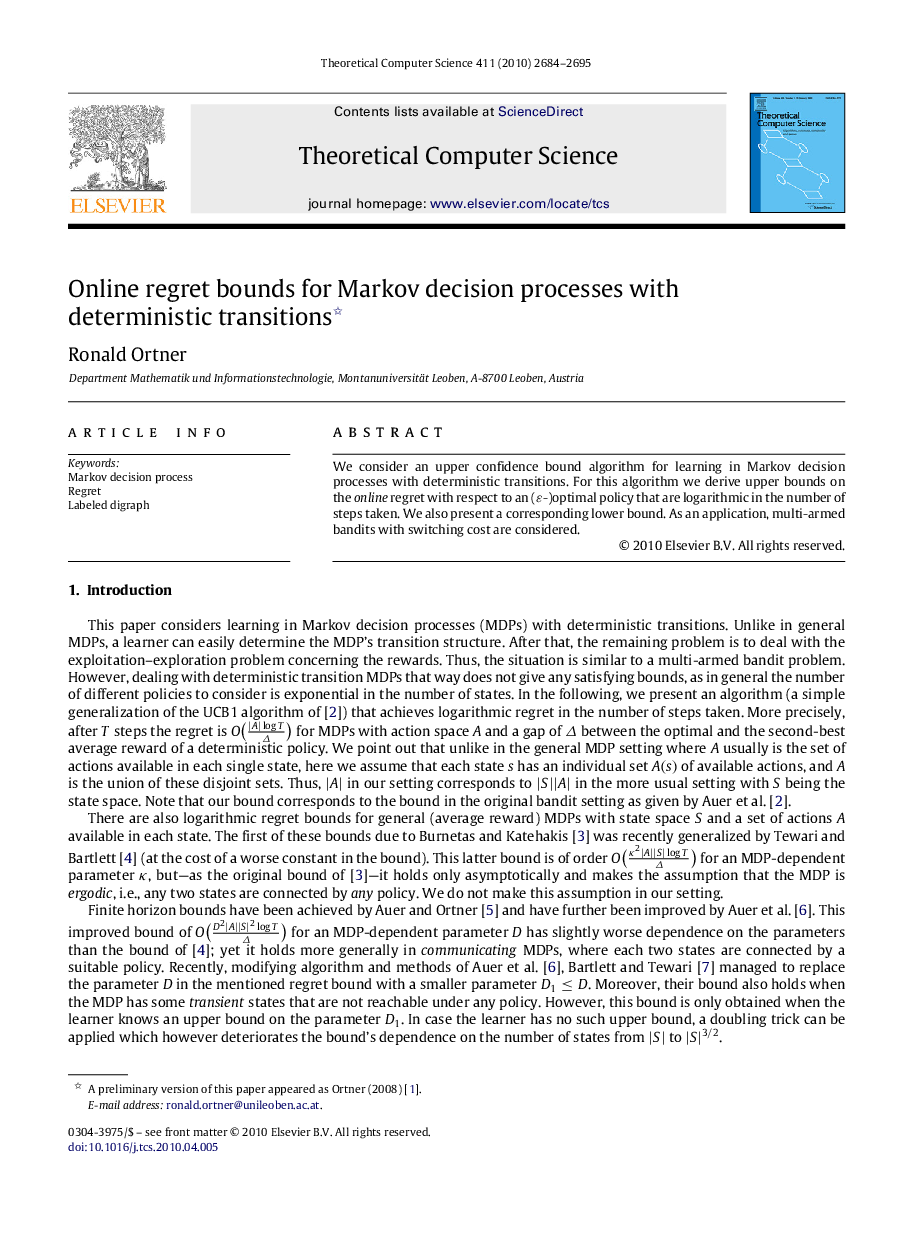 Online regret bounds for Markov decision processes with deterministic transitions 