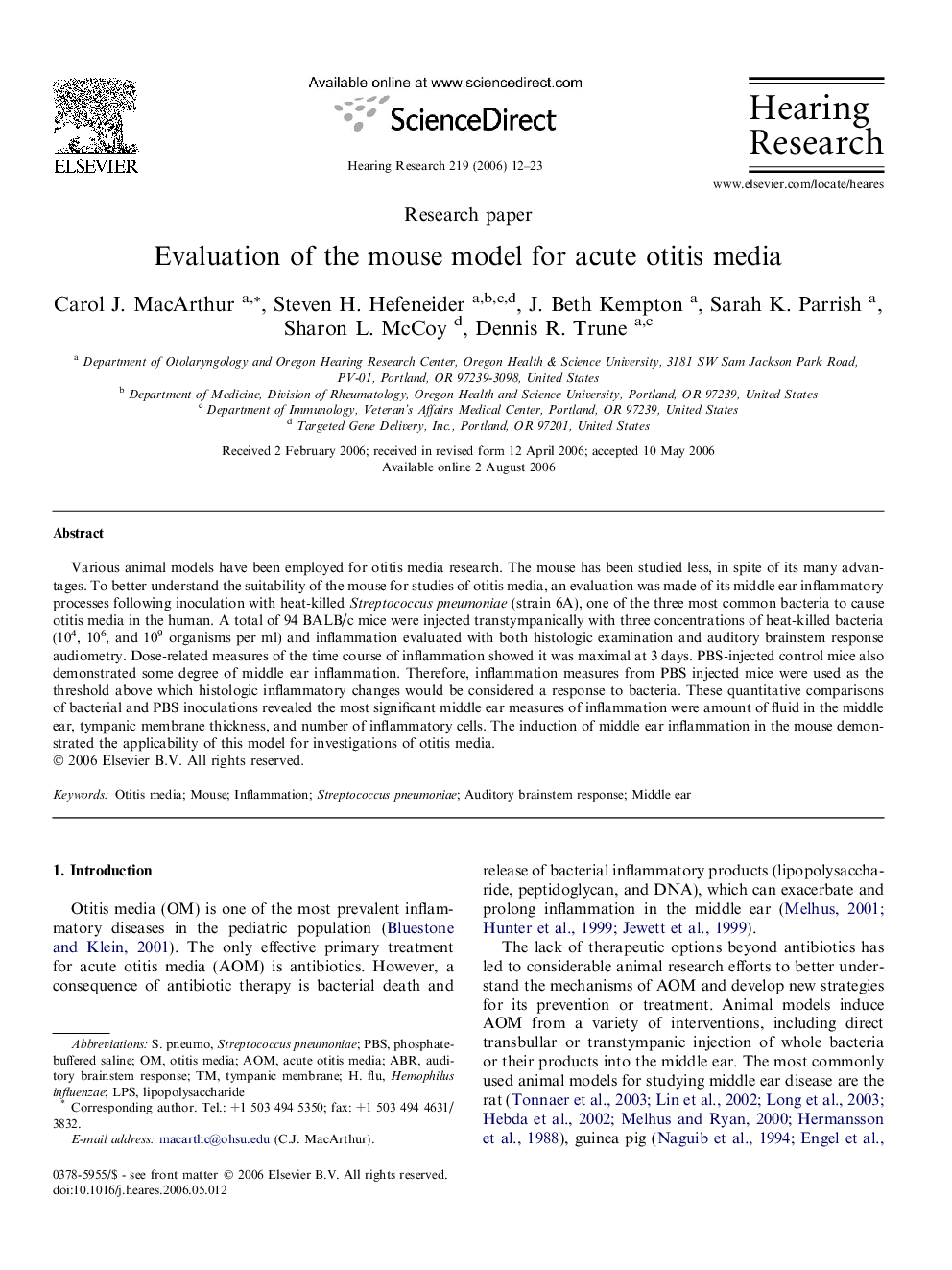 Evaluation of the mouse model for acute otitis media