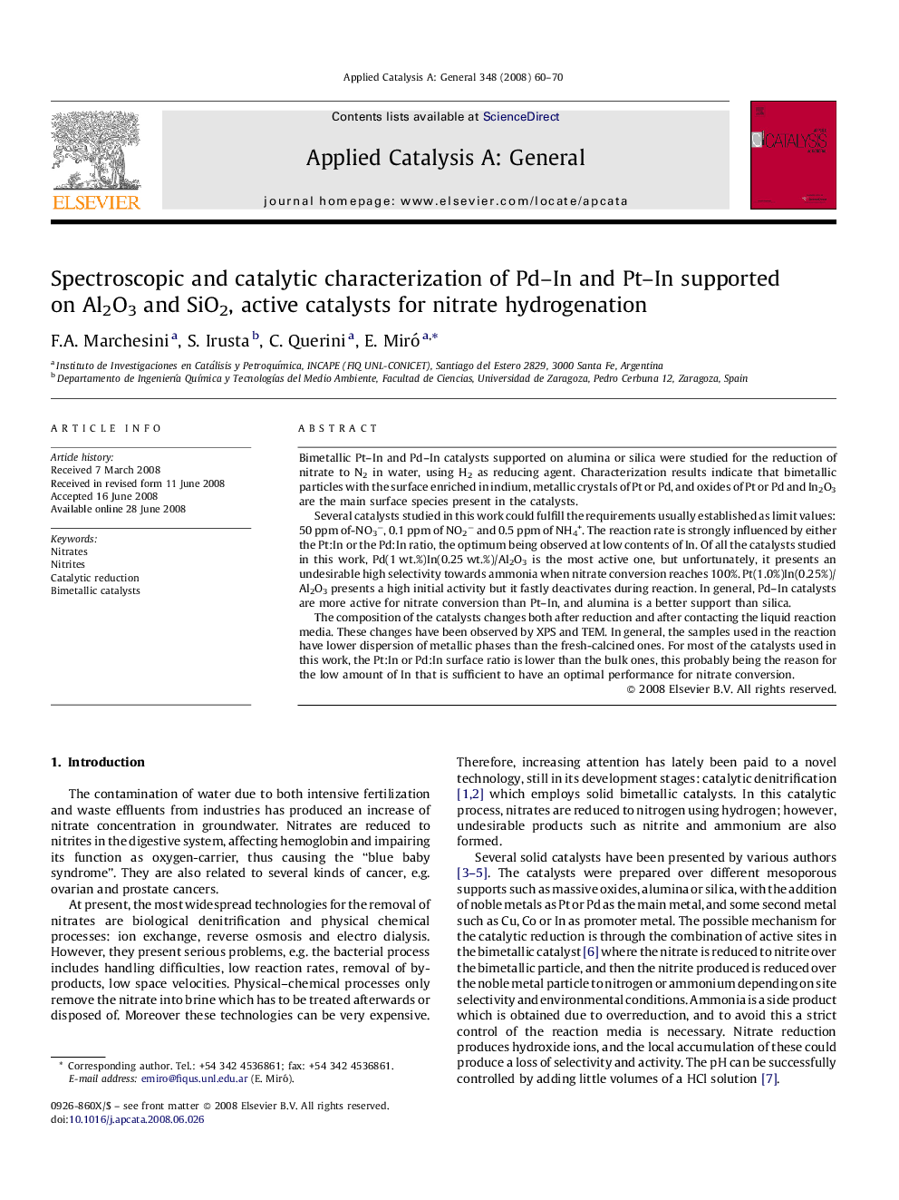 Spectroscopic and catalytic characterization of Pd–In and Pt–In supported on Al2O3 and SiO2, active catalysts for nitrate hydrogenation