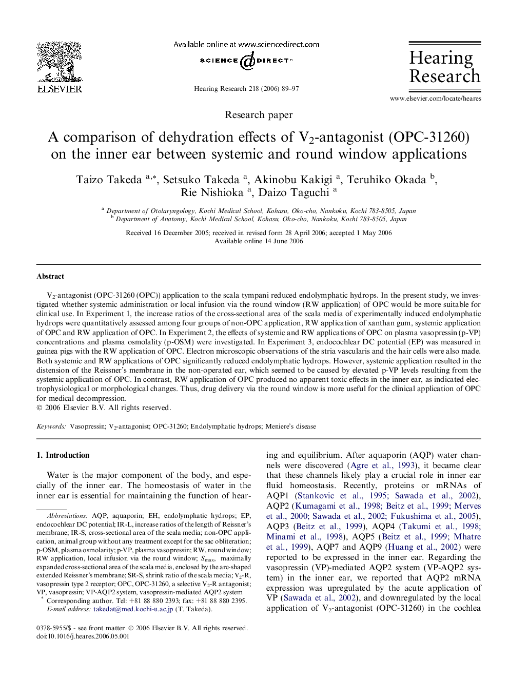 A comparison of dehydration effects of V2-antagonist (OPC-31260) on the inner ear between systemic and round window applications