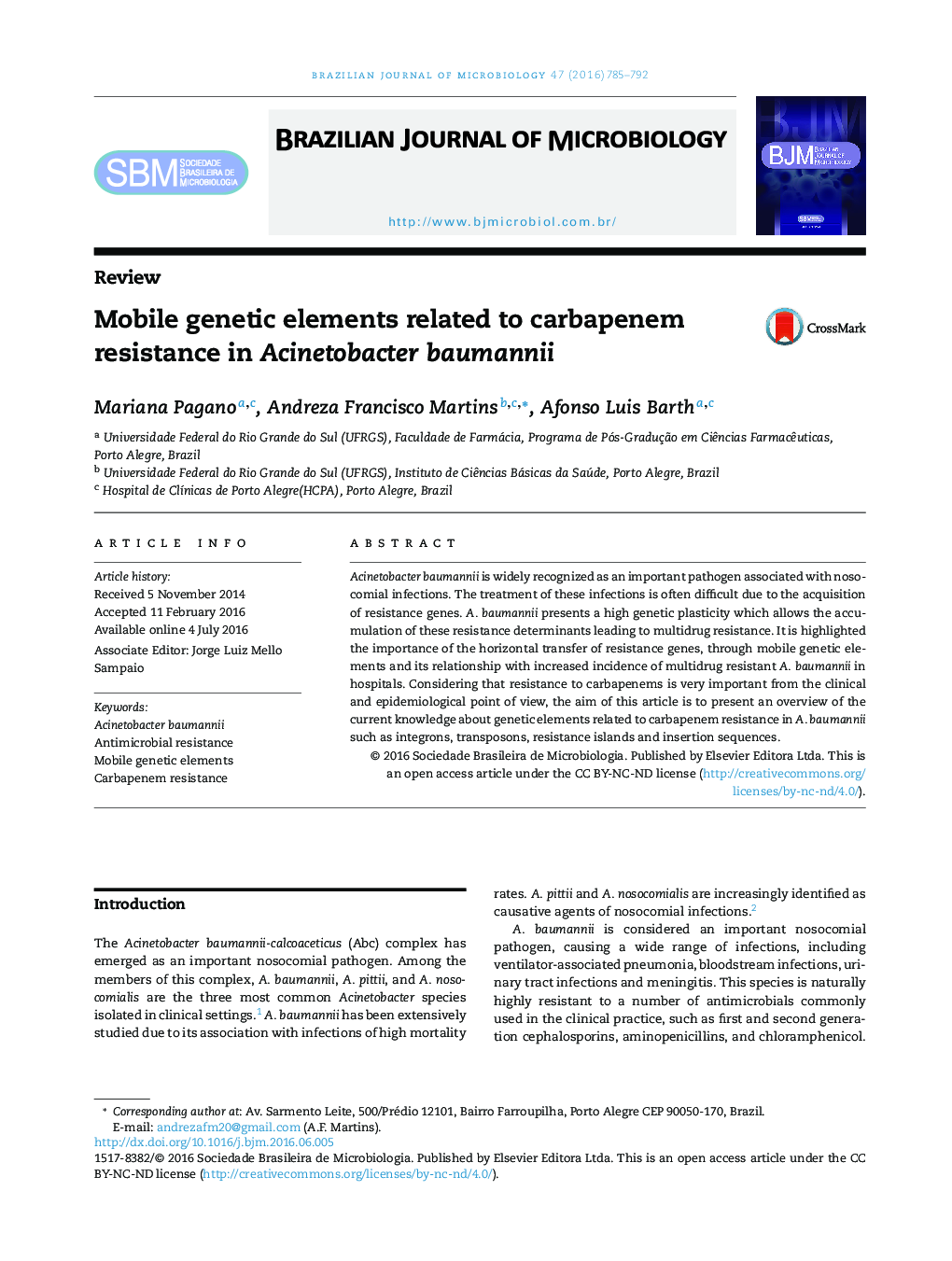 Mobile genetic elements related to carbapenem resistance in Acinetobacter baumannii