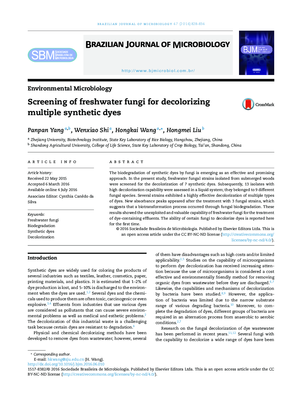 Screening of freshwater fungi for decolorizing multiple synthetic dyes