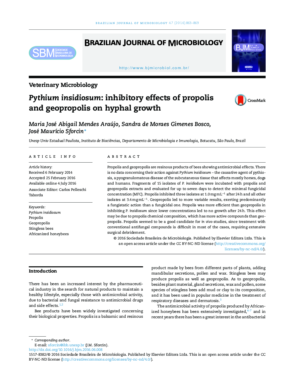 Pythium insidiosum: inhibitory effects of propolis and geopropolis on hyphal growth