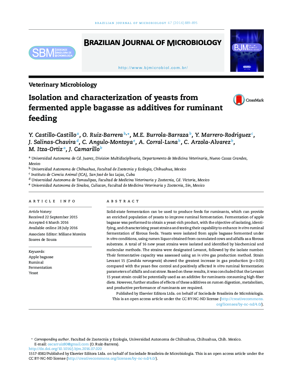 Isolation and characterization of yeasts from fermented apple bagasse as additives for ruminant feeding