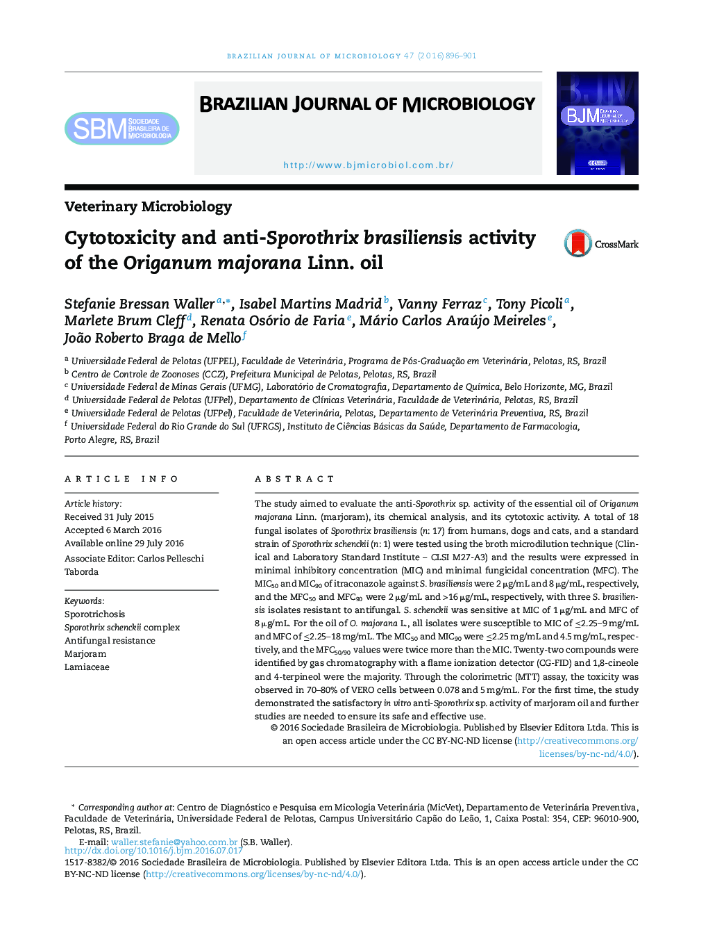 Cytotoxicity and anti-Sporothrix brasiliensis activity of the Origanum majorana Linn. oil