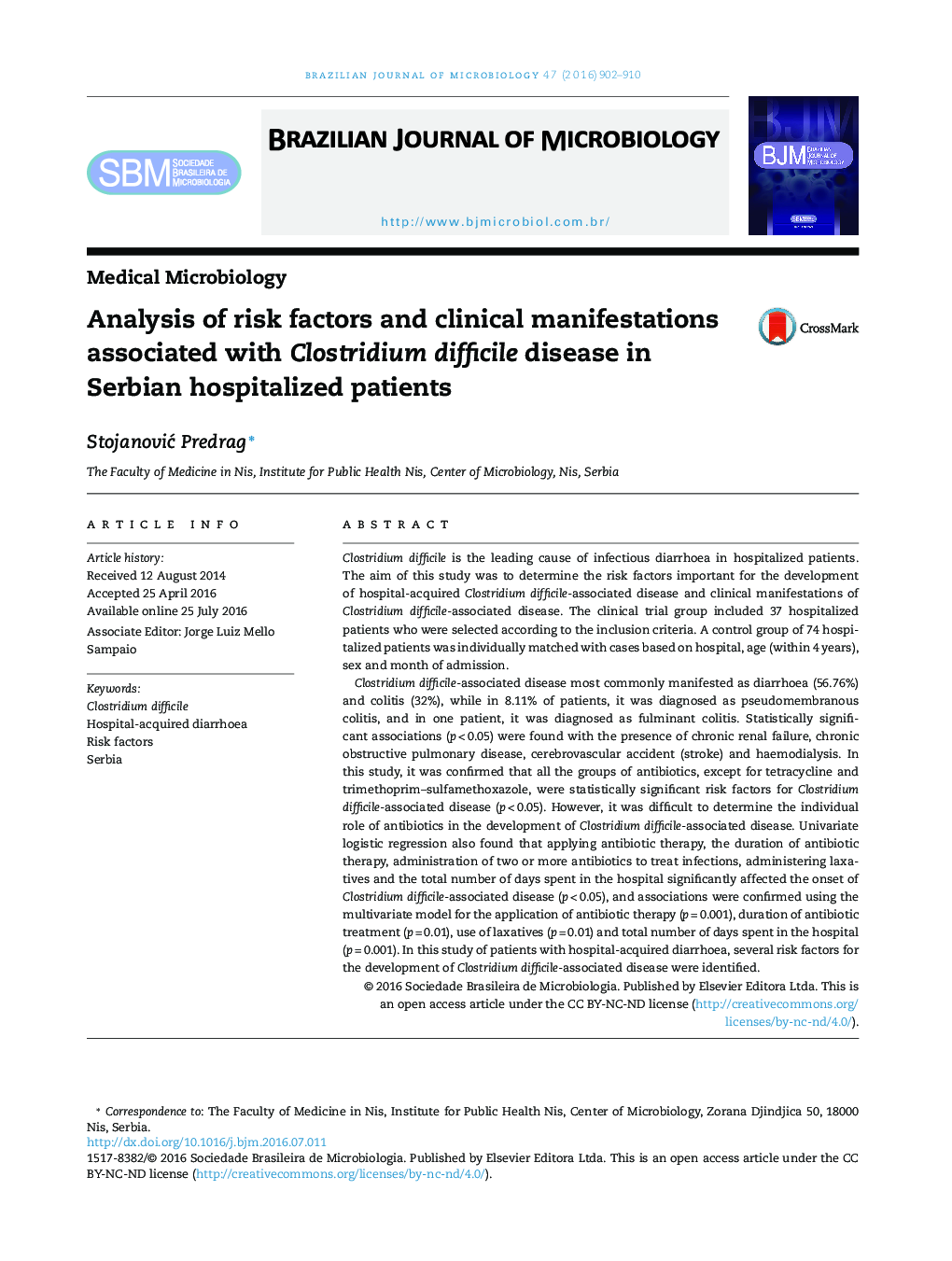 Analysis of risk factors and clinical manifestations associated with Clostridium difficile disease in Serbian hospitalized patients