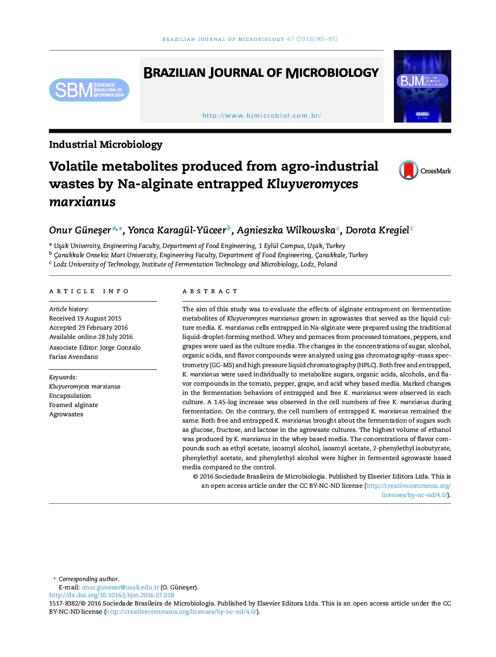 Volatile metabolites produced from agro-industrial wastes by Na-alginate entrapped Kluyveromyces marxianus