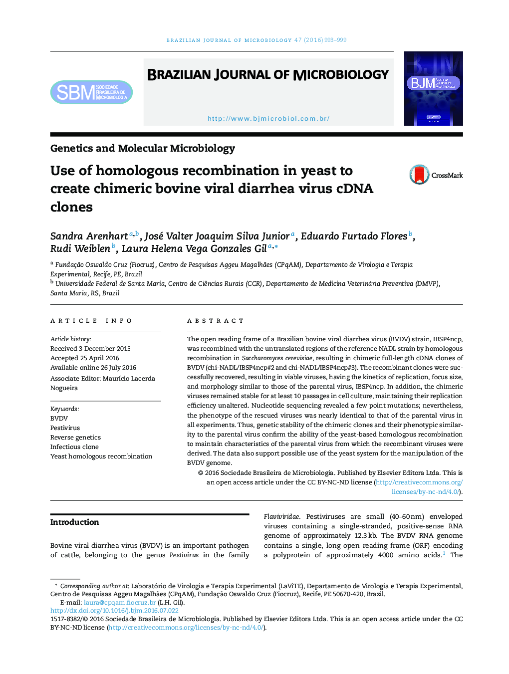 Use of homologous recombination in yeast to create chimeric bovine viral diarrhea virus cDNA clones