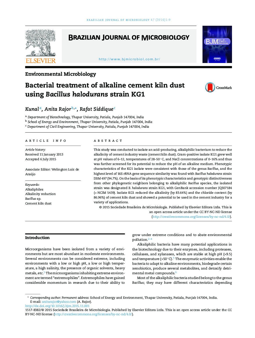 Bacterial treatment of alkaline cement kiln dust using Bacillus halodurans strain KG1