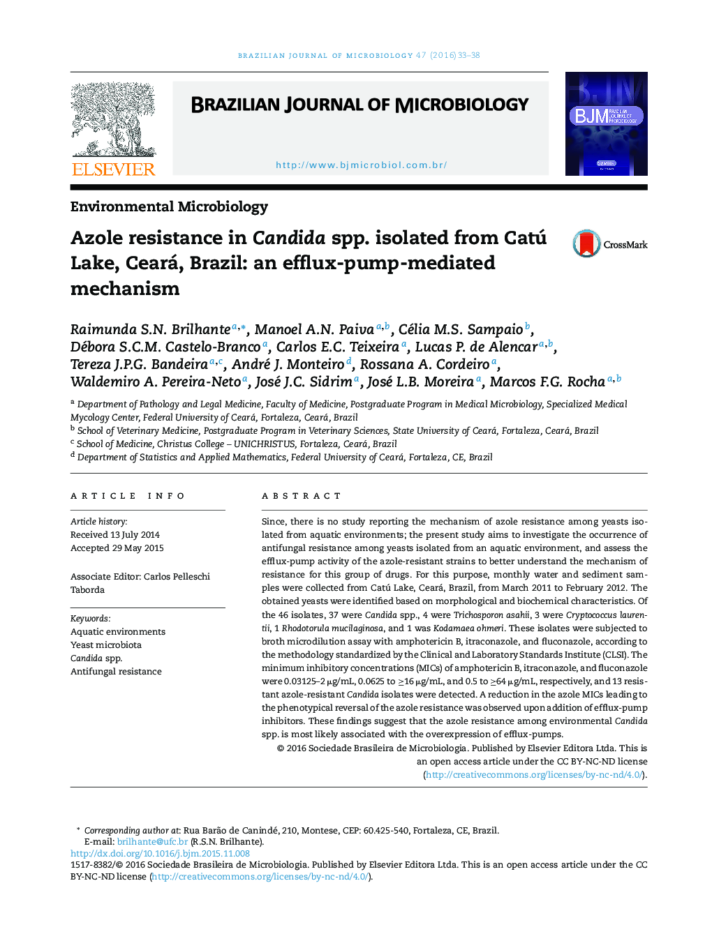 Azole resistance in Candida spp. isolated from Catú Lake, Ceará, Brazil: an efflux-pump-mediated mechanism