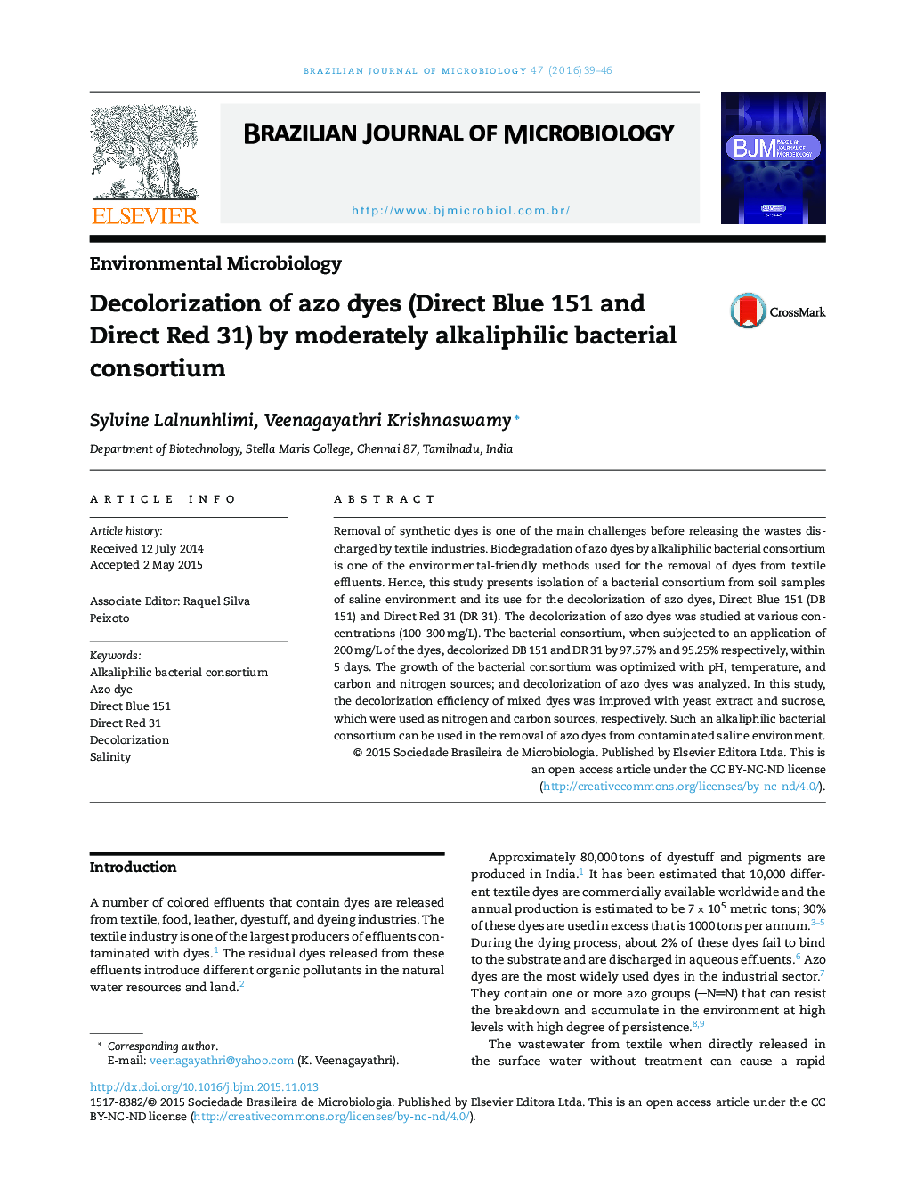 Decolorization of azo dyes (Direct Blue 151 and Direct Red 31) by moderately alkaliphilic bacterial consortium