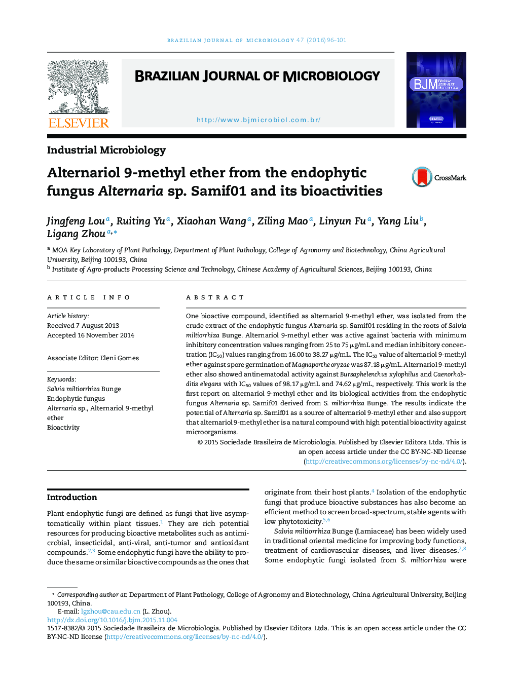 Alternariol 9-methyl ether from the endophytic fungus Alternaria sp. Samif01 and its bioactivities