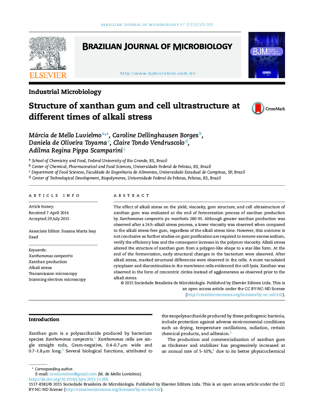 Structure of xanthan gum and cell ultrastructure at different times of alkali stress