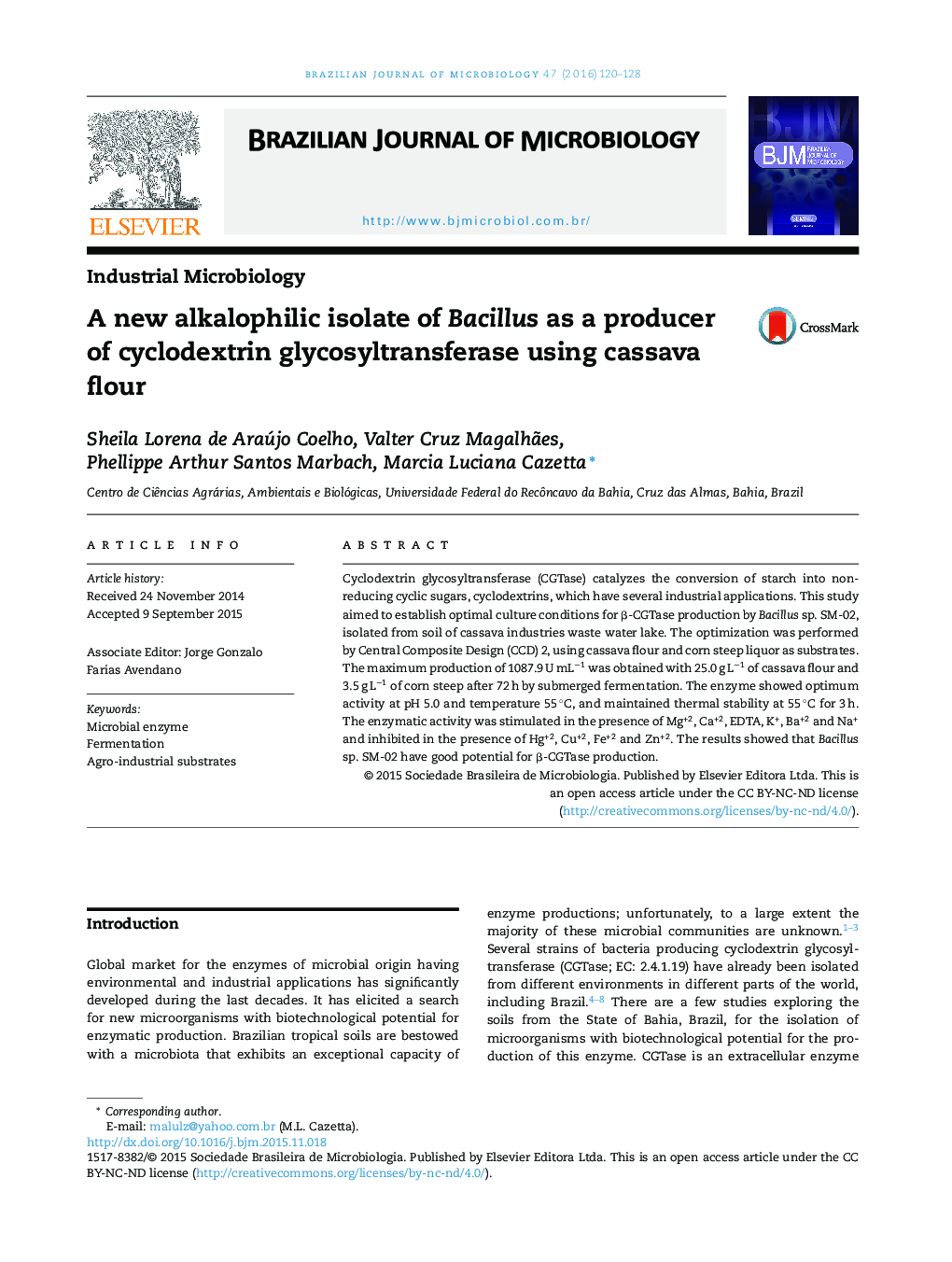 A new alkalophilic isolate of Bacillus as a producer of cyclodextrin glycosyltransferase using cassava flour